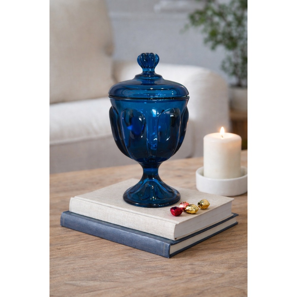 Vintage 8" Tall Blunique Viking Glass Epic 6 Petal Cobalt Blue Candy Jar Lidded‎